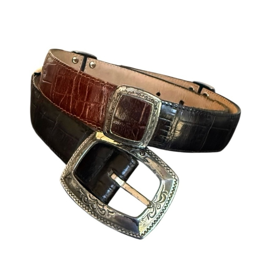 Brighton Two-Tone Brown Black Leather Western Buckle Belt Size Medium